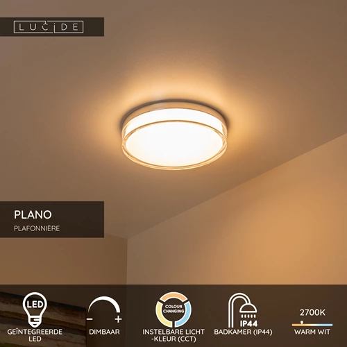 Lucide PLANO - Plafonnière Badkamer - Ø 28 cm - LED Dimb. - CCT - 1x16W 2700K/4000K - IP44 - Opaal - USP